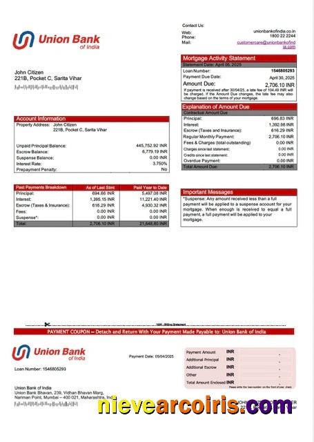 India Union Bank of India mortgage statement Word and PDF template